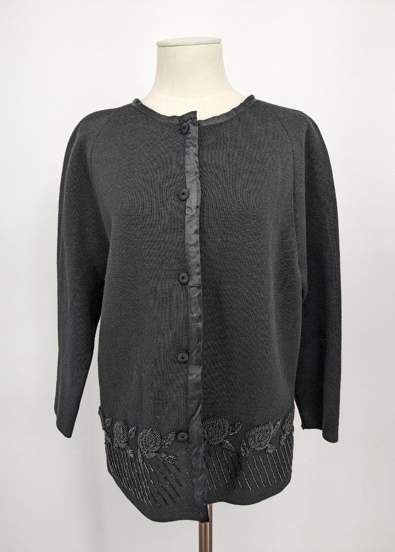 Vintage 80 s Black 100 Wool Beaded Cardigan Size 12 The