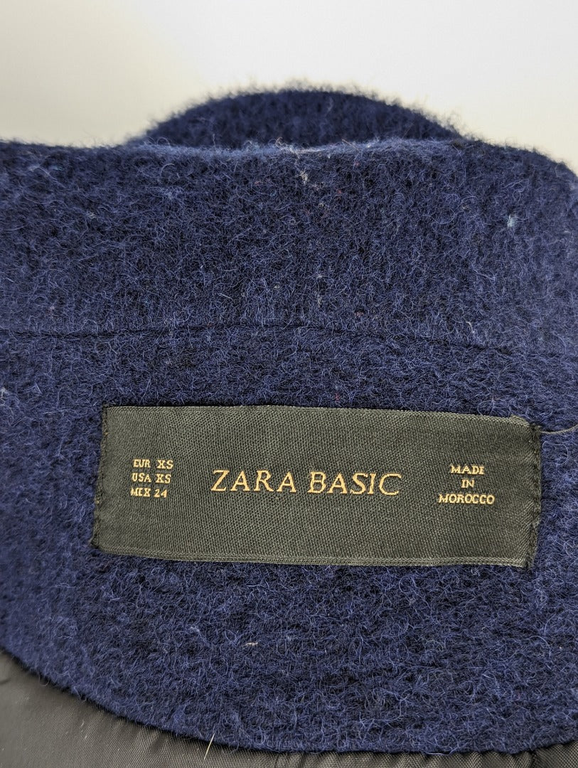 Zara Basics Navy Blue Woollen Women's Midi Coat - Size XS