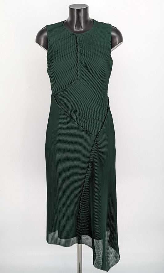 Reiss Bottle Green Ladies Pleated Asymmetric Dress - Size 10