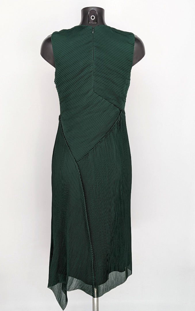 Reiss Bottle Green Ladies Pleated Asymmetric Dress - Size 10