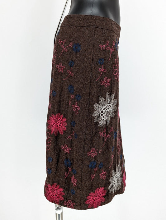 White Stuff Brown Embroidered Floral Wool Skirt - Size 14