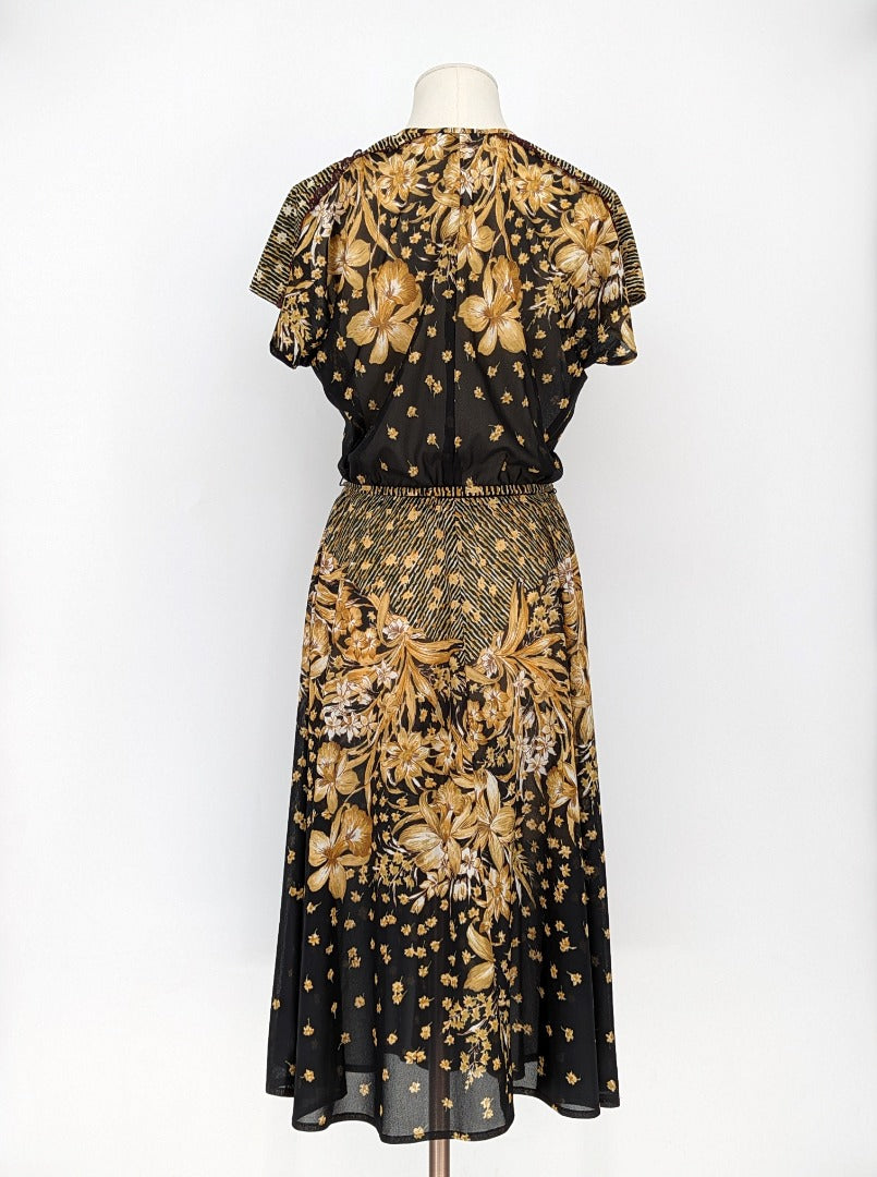 Uninhibited Black Floral Print 70's Boho Dress - Size 8