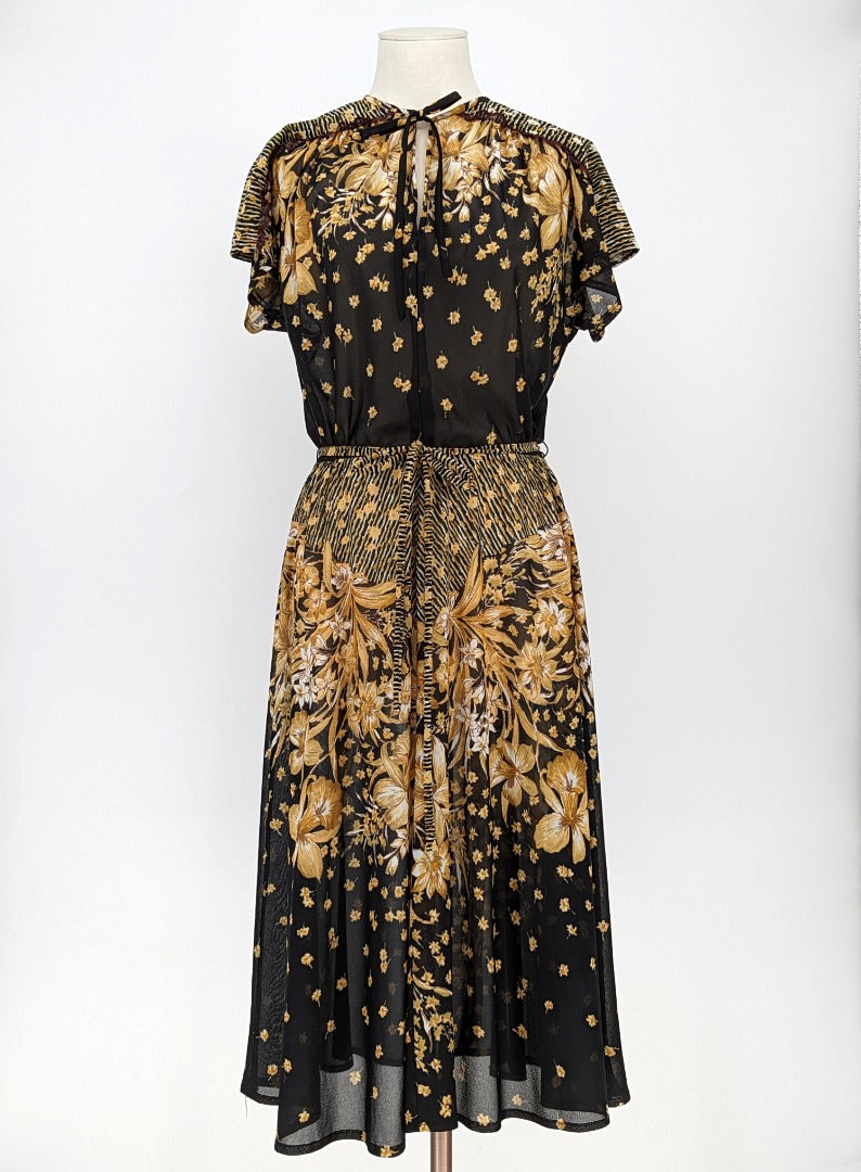 Uninhibited Black Floral Print 70's Boho Dress - Size 8