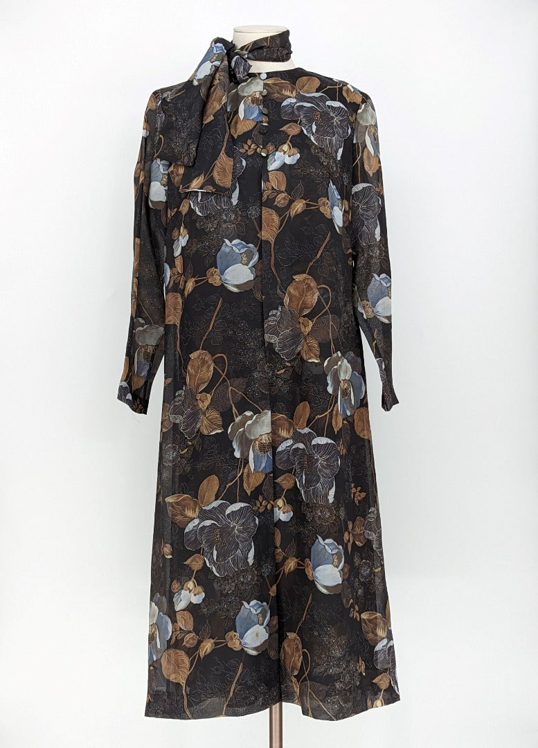 Berkertex Brown Floral Occasion 70's -80's Dress - Size 16