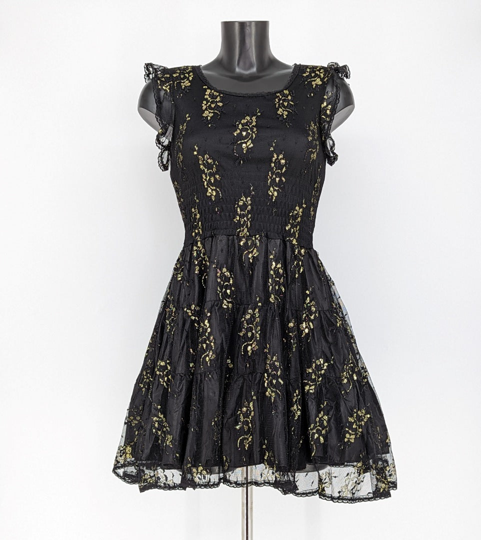 Apricot Black Frill Short Lurex Lace Dress - Size 8