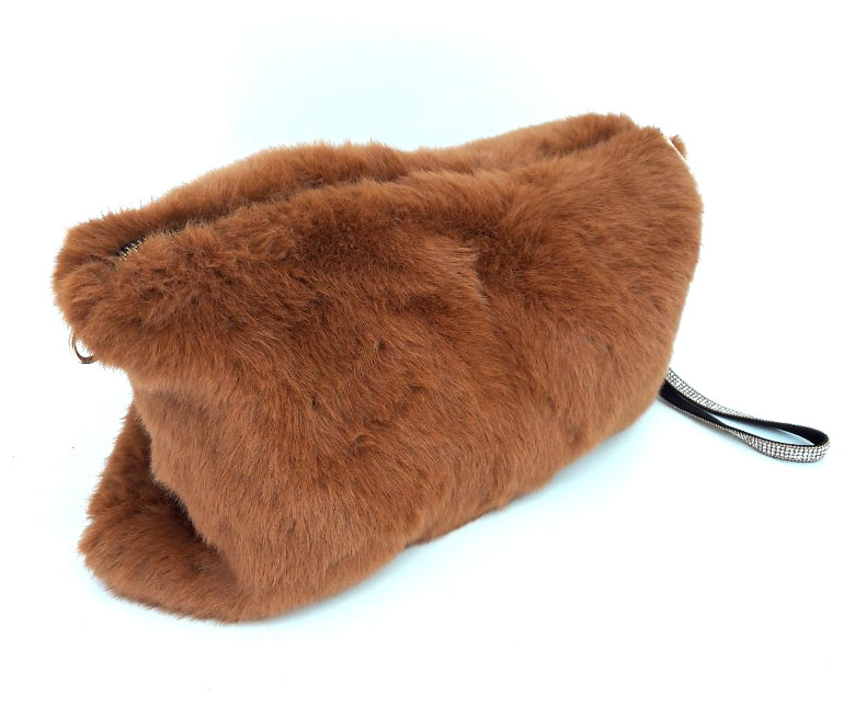 JAYLEY Red Brown Fox  Luxury Faux Fur Bag One Size  Diamonte Wrist Strap BNWT