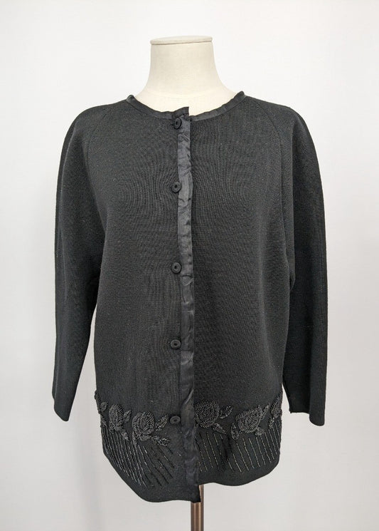 Vintage 80's Black 100% Wool Beaded Cardigan - Size 12