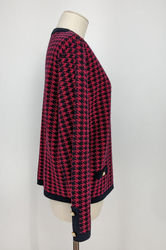 Vintage St.Michael Raspberry/Navy Houndstooth Knit Cardigan - Size 12
