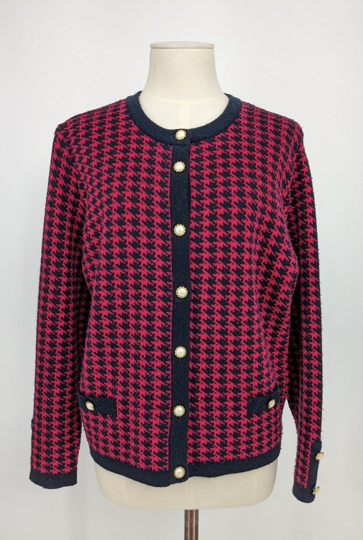 Vintage St.Michael Raspberry/Navy Houndstooth Knit Cardigan - Size 12