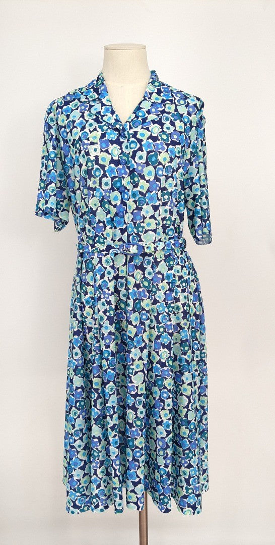 Vintage Richard Stump Blue Mix Retro Print Dress - Size 14