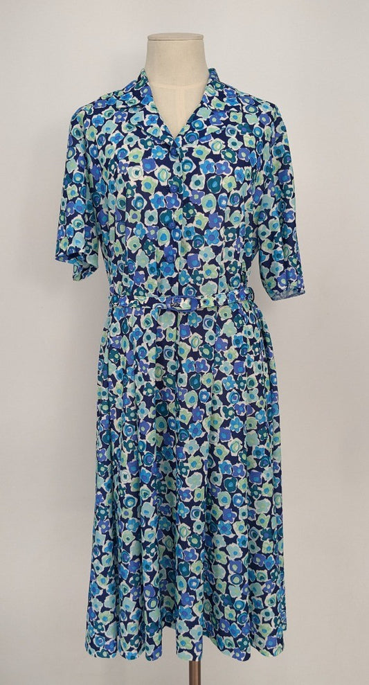 Vintage Richard Stump Blue Mix Retro Print Dress - Size 14