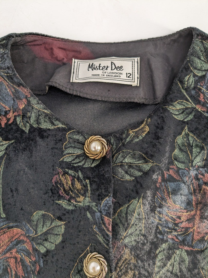 Vintage 70's Mister Dee Of London Dark Floral Velvet Blazer - Size 12